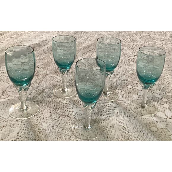 Empoli Italian Teal Blue Twisted Stemware 5 Stem Cordials Glass Set 4.25” - Picture 6 of 9